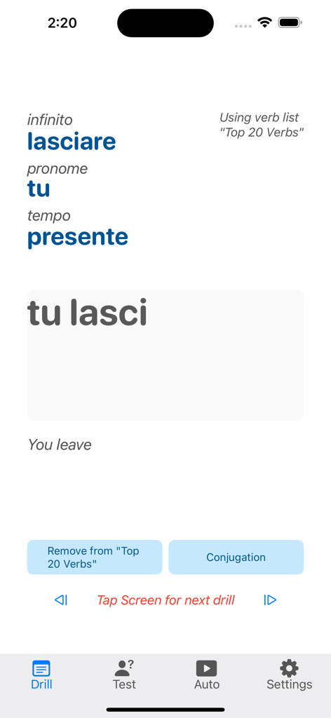 Oberfläche der Verbi-App, die eine Übung italienischer Verbkonjugationen für das Verb lasciare im Präsens zeigt