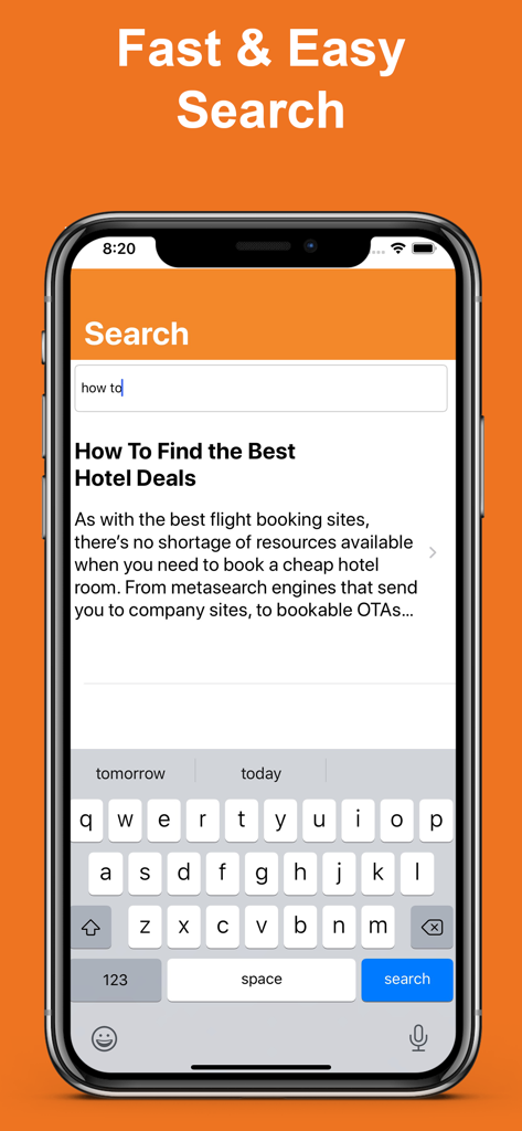 Pantalla de un smartphone que muestra la funcionalidad de búsqueda de la aplicación Blog for Blogger destacando una entrada sobre ofertas de hoteles.