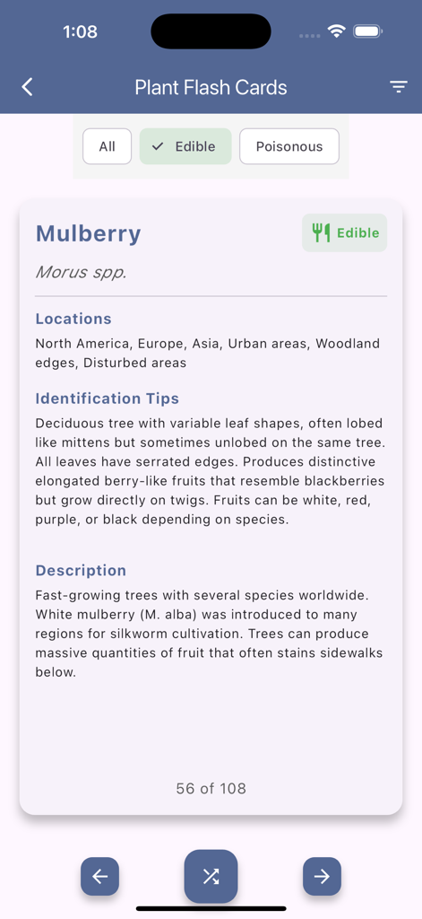 Edible and Poisonous Plants - Digital flashcard showing identification tips for the edible Mulberry plant within the app interface.