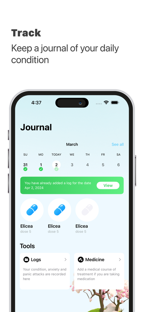 Interfaz de diario para rastrear la salud mental diaria y la medicación en una aplicación de alivio de la ansiedad
