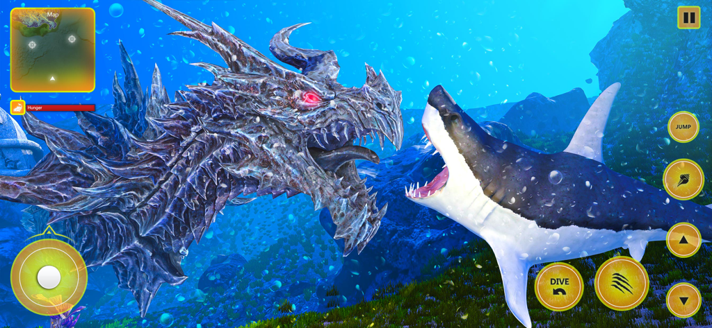 Um dragão marinho espinhoso gigante enfrentando um tubarão debaixo d'água em Sea Monster Simulator 2018.