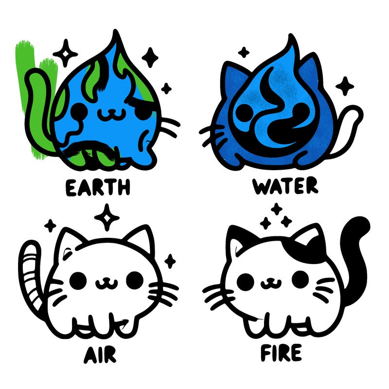 4 cats that represent the different elements, earth, water, air, and fire