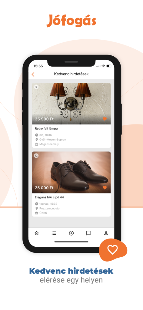 Jófogás - レトロな壁掛けランプや革靴を含む、お気に入りの案内広告リストを表示しているJofogasアプリのスクリーンショット