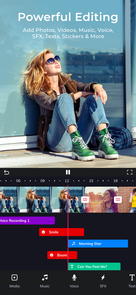 Add Music to Video‎‎‏‏‎ ‎ - Smartphone interface of the Add Music to Video app showcasing its multi-track editing timeline for music, voice, and stickers.