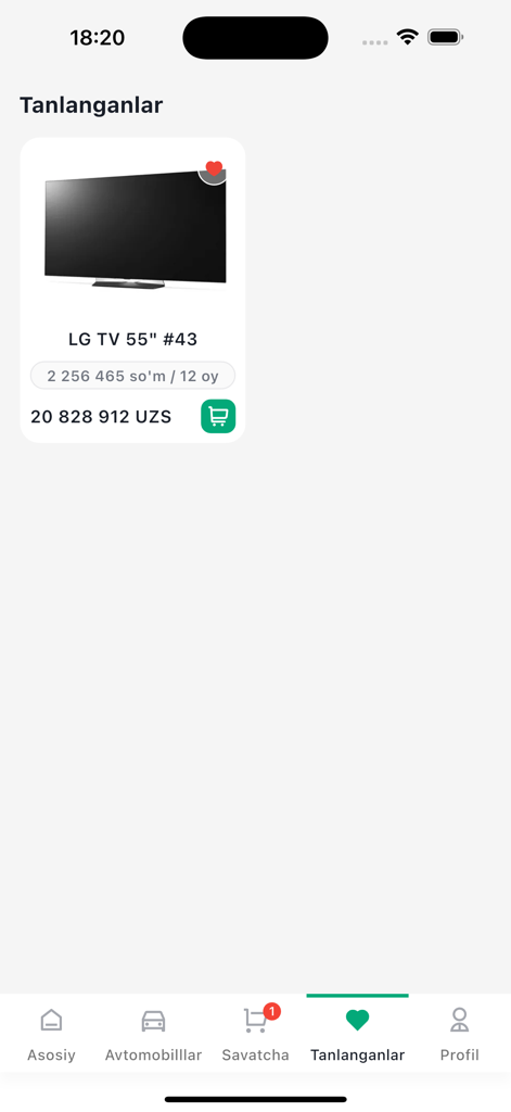 Markab - Favorites screen of the Markab shopping app showing a listed LG TV with pricing in Uzbek sum.