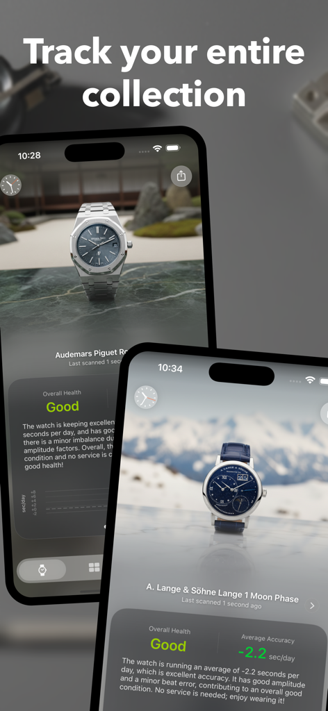 tickIQ: Measure, Track Watches - tickIQ 앱의 럭셔리 시계 컬렉션에 대한 건강 및 정확도 데이터 표시 스크린샷