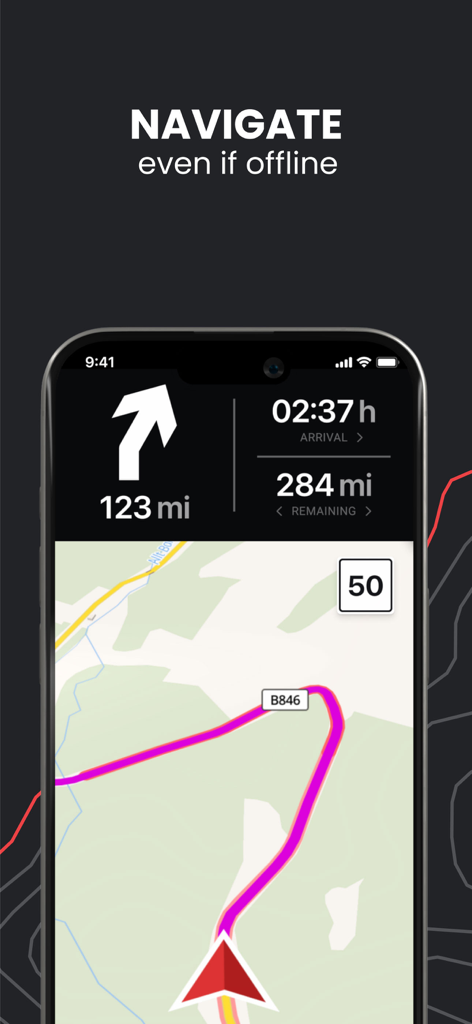 Smartphone displaying Calimoto motorcycle navigation interface on a winding route with offline map support