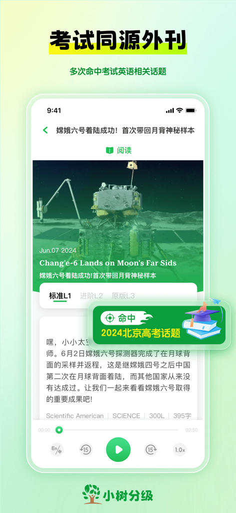 Oberfläche eines englischen Nachrichtenartikels mit niveaugestuften Schwierigkeitsgraden in der Little Tree Leveling App.
