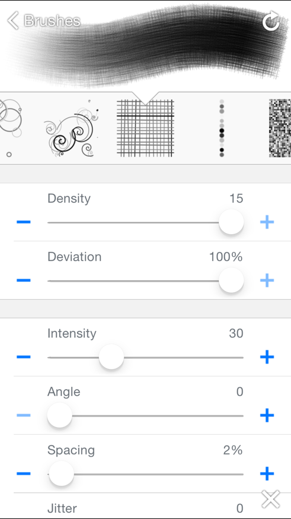 Brushes Redux - Brushes Redux app interface showing adjustable brush settings including density deviation and intensity