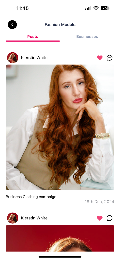 Sense N' Style - Interfaz de la app Sense N Style mostrando una publicación de portafolio para una modelo de moda en la categoría de ropa de negocios