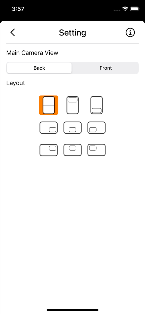 Dual Camera Plus - Settings screen of Dual Camera Plus showing options to select main camera view and nine different split screen recording layouts.