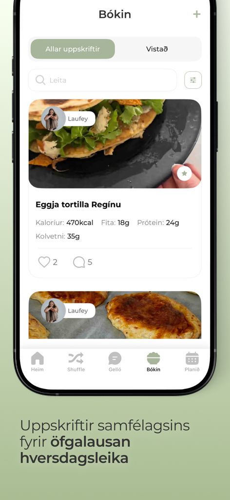 ELLO: Community and Wellness - Screenshot of the ELLO app showing a community recipe for an egg tortilla with nutritional information such as calories and protein