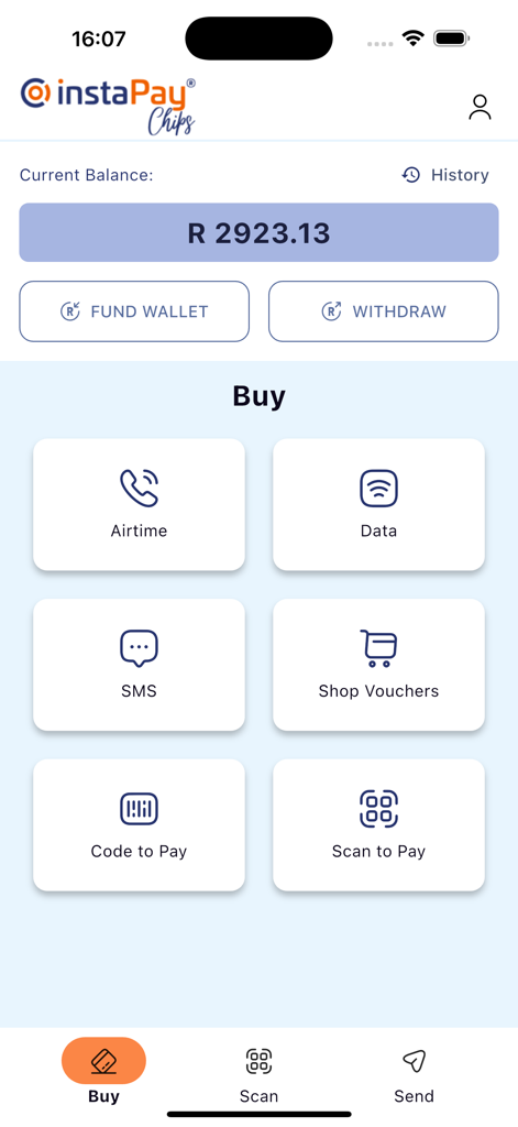 Instapay Chips - InstaPay Chipsアプリのインターフェース。ウォレット残高と通話時間やデータなどのサービスが表示されています。