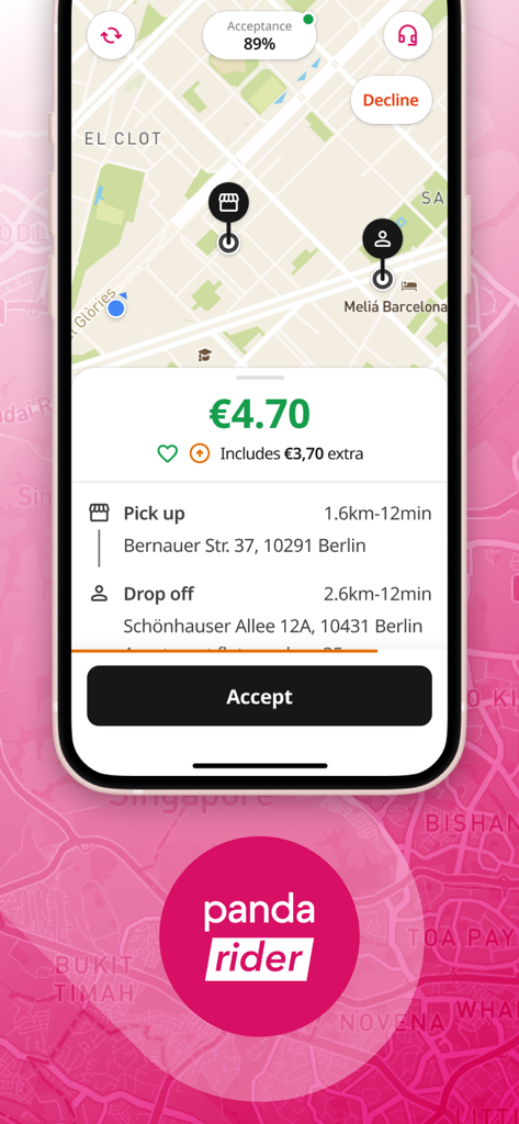 Interface de l'application foodpanda rider montrant une demande de livraison avec carte et gains