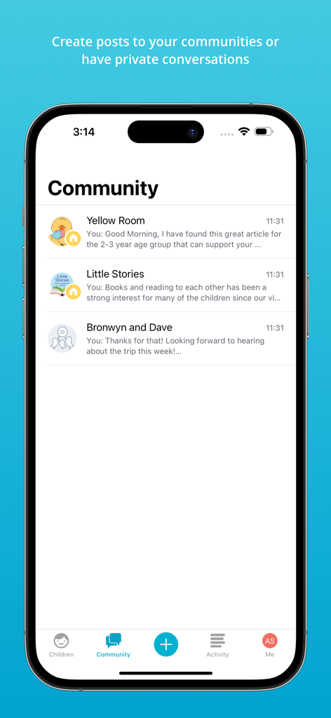 Storypark for Educators - Community screen of the Storypark for Educators app showing a list of private and group messages.