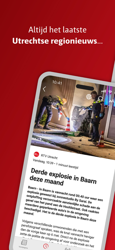 RTV Utrecht - RTV Utrecht mobile app displaying local news articles and reporting from the Utrecht province