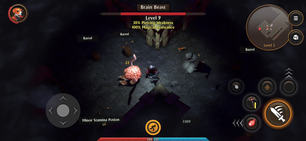 FATE: Reawakened - Un héros combattant un monstre « Brain Beast » dans un étage de donjon sombre avec des commandes mobiles