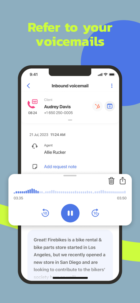 MightyCall app screen showing a business voicemail with an audio player and text transcription