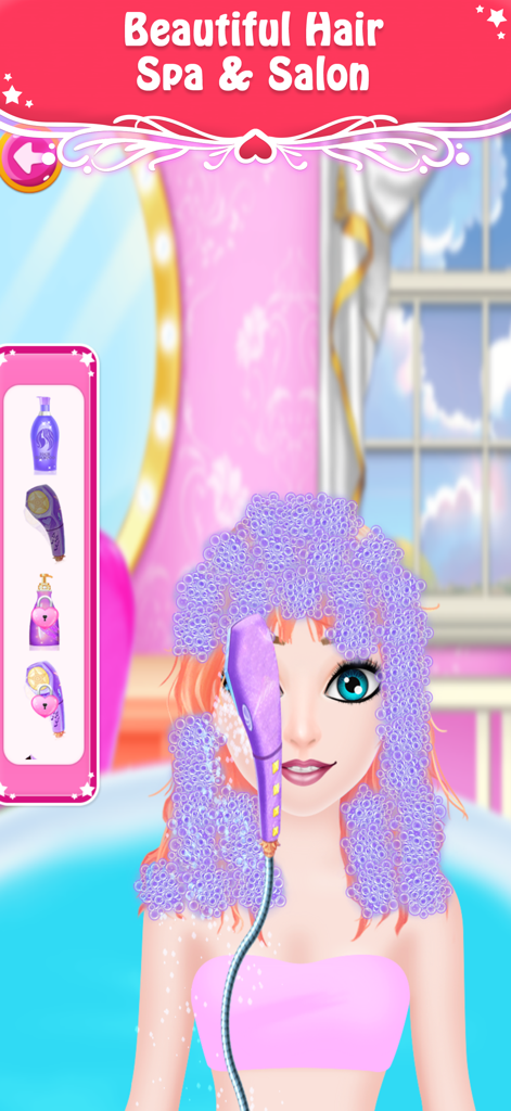 A princess character in a virtual hair spa getting her hair washed with purple soap bubbles