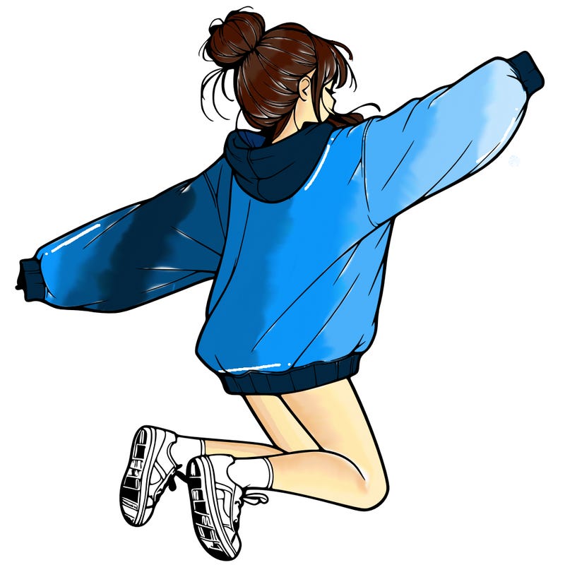 realistic girl jumping with a bun and oversized sweatshirt