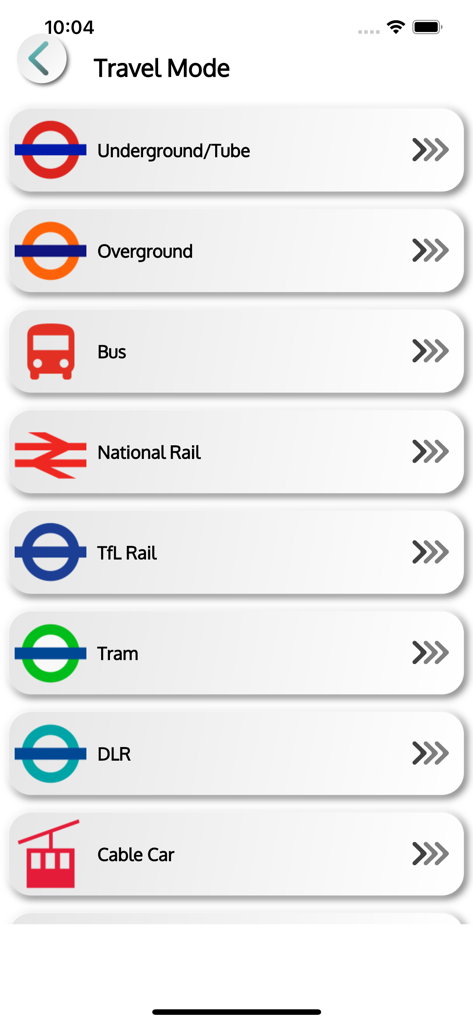 Selection screen for London transport modes including Underground Overground Bus and Rail