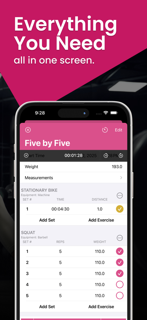 Screenshot of FitNotes app showing a workout log with stationary bike and squat sets on a single tracking screen.