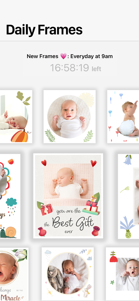 Selection of decorative daily photo frames for babies in the Folio app interface