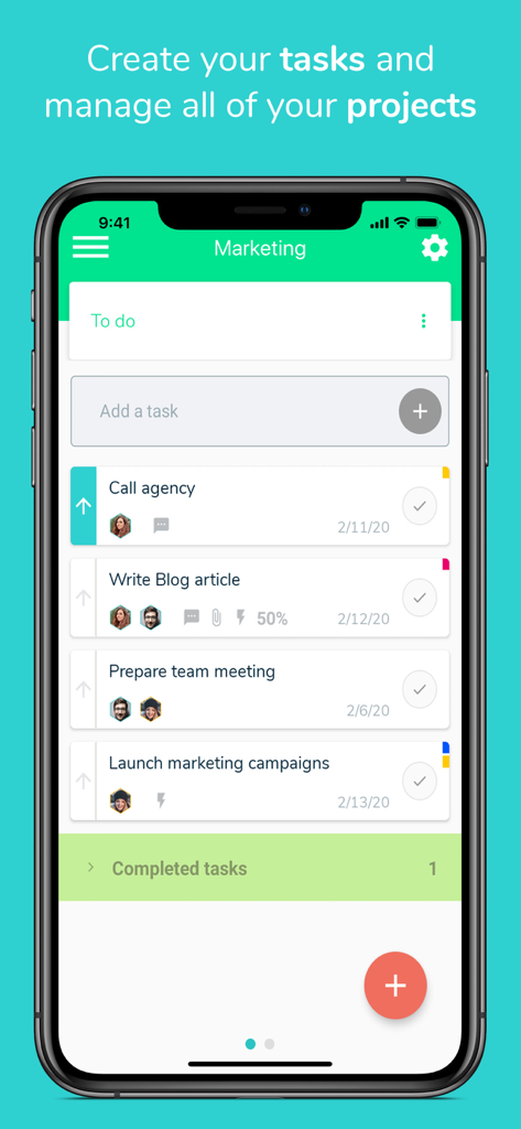 Mobile screen of Beesbusy app displaying a list of marketing tasks with assigned team members and due dates.