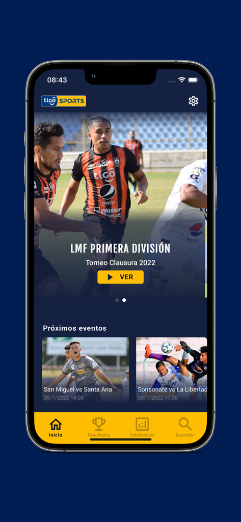 Tigo Sports El Salvador - Pantalla principal de la aplicación móvil Tigo Sports El Salvador mostrando partidos de fútbol de la liga en vivo y próximos eventos.