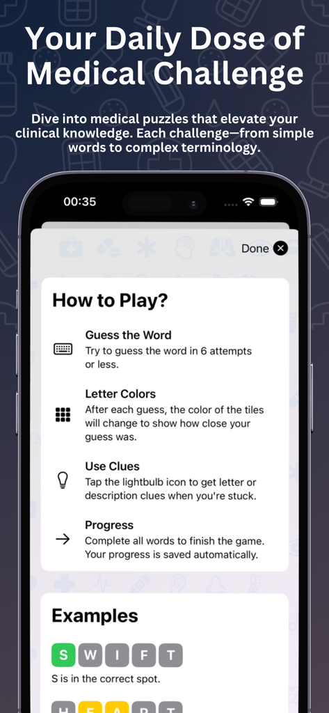 Medical Words: Puzzle Game - Instructional screen explaining how to play the medical word puzzle game