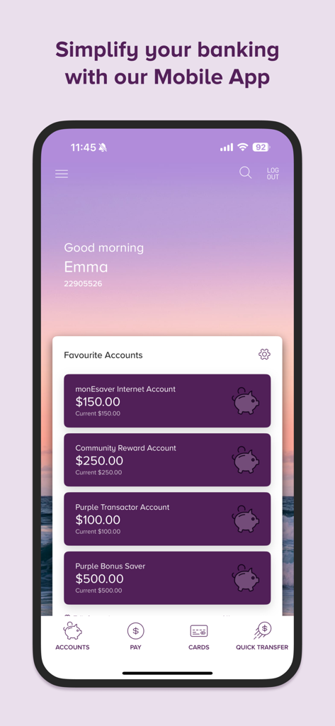 Beyond Bank mobile app dashboard displaying multiple account balances