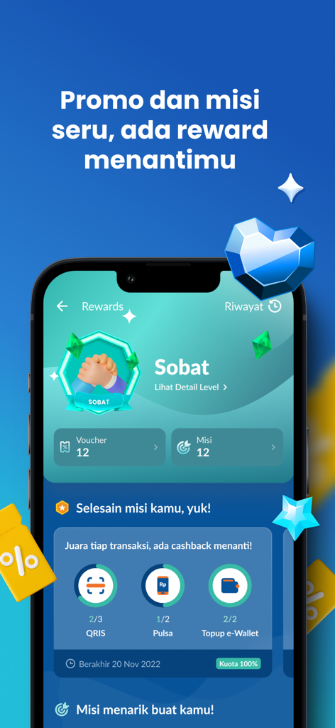 Raya Digital Bankアプリのインターフェース。キャッシュバック獲得のための報酬ミッション、バウチャー、ユーザーレベルを表示しています。