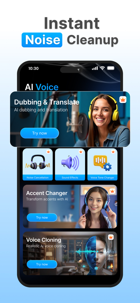 Voicechanger: clownfish voice - Interface of the Voicechanger app showing AI features like voice cloning and noise cleanup