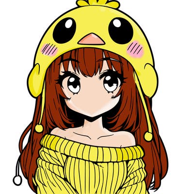 anime girl with chick shaped hat with sweater with bare shoulders with bangs covering them one eye with low tail