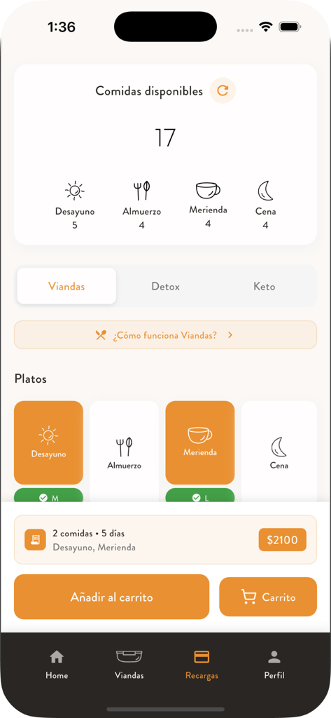 Delishop - Pantalla de selección de comidas de la aplicación Delishop con categorías para desayuno, almuerzo y cena