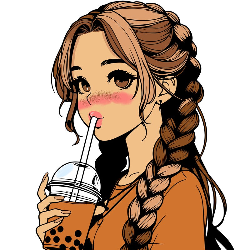 realistic girl with braided hair drinking boba