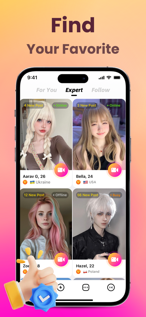 Interfaz de la aplicación MOMOF mostrando una cuadrícula de estilistas de pelucas y cosplayers expertos con su estado y ubicación