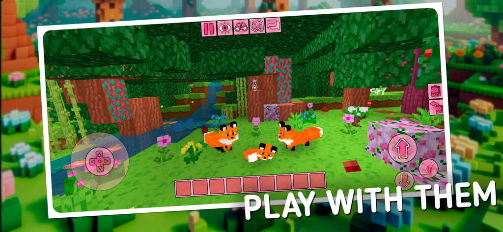 Kawaii World - Craft and Build - Captura de tela do jogo Kawaii World mostrando três raposas fofas em uma floresta de pixels vibrante