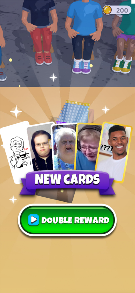 Meme Challenge-Funny Card Game - Una pantalla de juego que muestra varias cartas de memes nuevas desbloqueadas como recompensa con un botón de recompensa doble