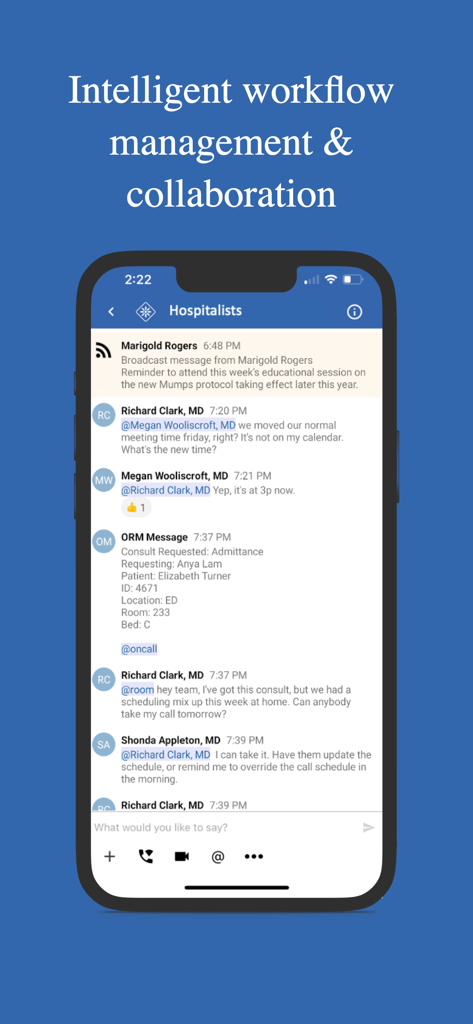 Backline+ - Backline plus app interface showing a secure group chat for hospitalists for clinical collaboration.