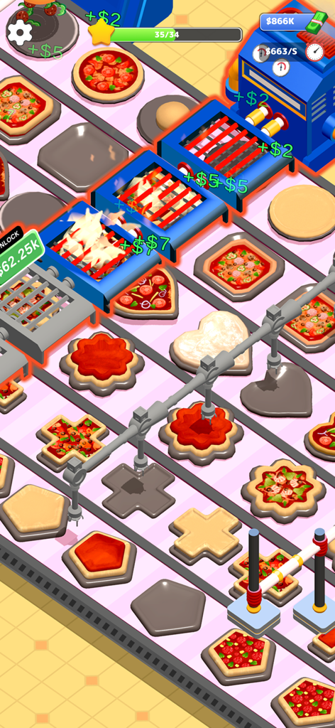 Idle Pizza Restaurant Tycoon - Automated pizza production line with various shapes in Idle Pizza Restaurant Tycoon gameplay
