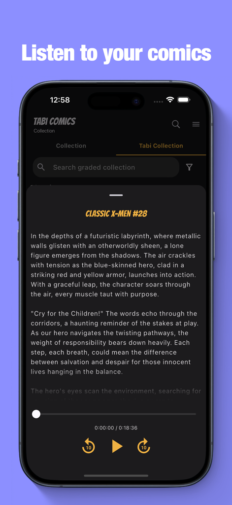 Tabi Comic Collection - Tabi Comic Collection app interface showing the audio recap feature for a classic comic book
