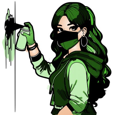 realistic girl with mask spray painting a wall