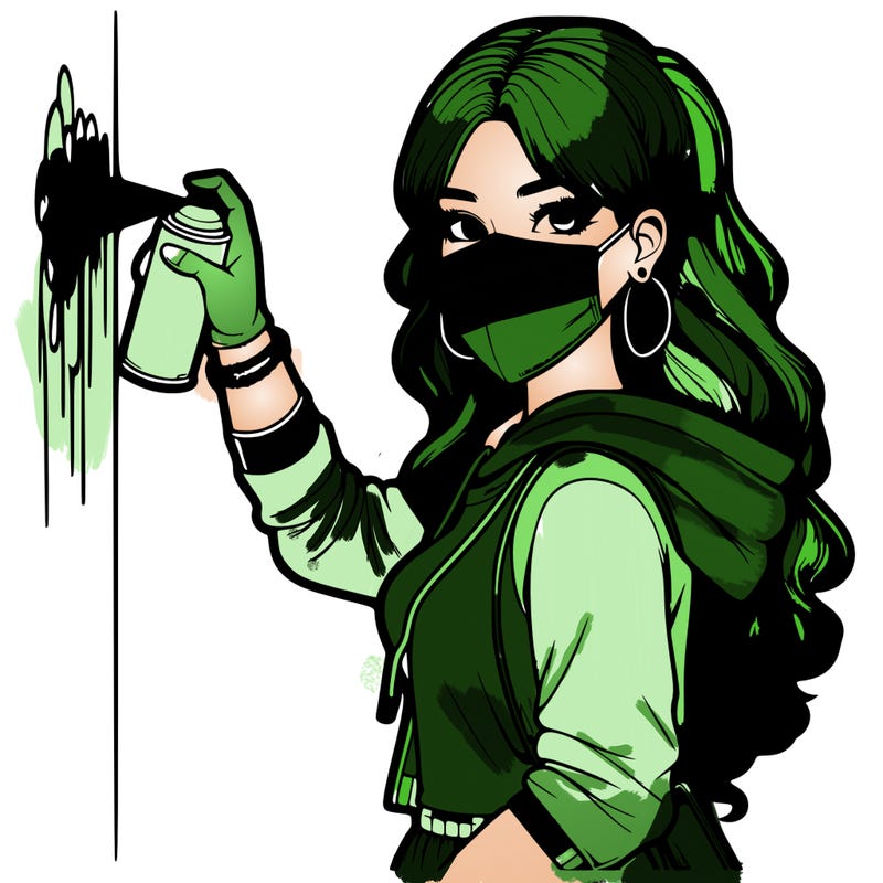 realistic girl with mask spray painting a wall