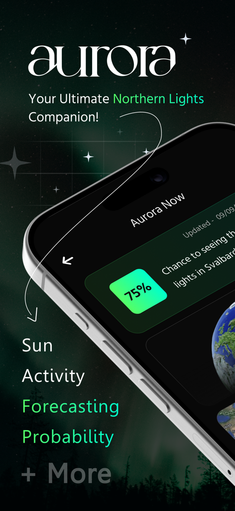 Aurora Forecast App-Oberfläche, die eine 75-prozentige Wahrscheinlichkeit zeigt, Nordlichter auf Spitzbergen zu sehen, mit Funktionen wie Sonnenaktivität und Vorhersage