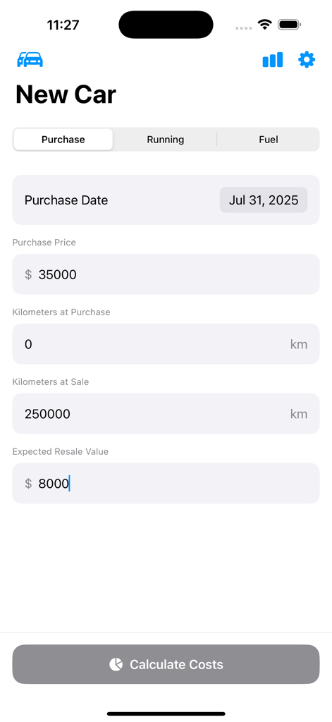 Car Monthly Costs - Mobile app screen for entering vehicle purchase price and expected resale value to calculate total ownership costs.