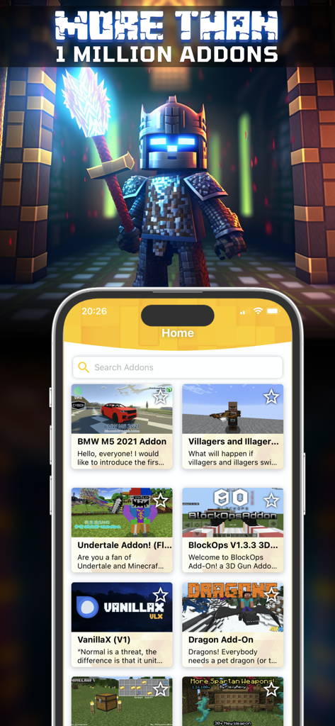 Mega Addons for Minecraft Pe - メガアドオン Minecraft PEのモバイルアプリ画面。ドラゴン、車、武器などの様々なゲームMODが表示されている。