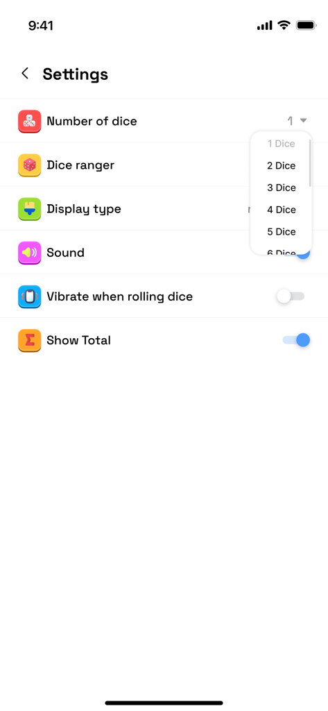 Dice Roller - Dice Challenge - Settings menu of the Dice Roller app showing customization options for the number of dice and sound effects