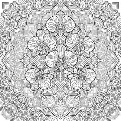 Unleash your creativity with this stunning coloring page featuring intricate orchid mandalas infused with a futuristic cyberpunk aesthetic. Discover a world where organic beauty intertwines with high-tech details, perfect for a unique coloring adventure.