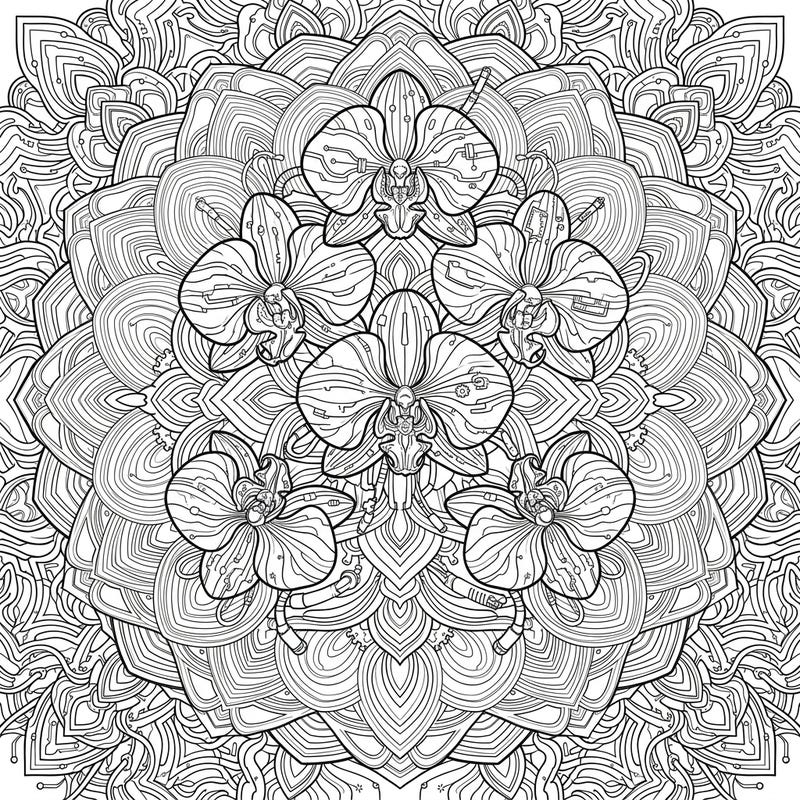 Unleash your creativity with this stunning coloring page featuring intricate orchid mandalas infused with a futuristic cyberpunk aesthetic. Discover a world where organic beauty intertwines with high-tech details, perfect for a unique coloring adventure.